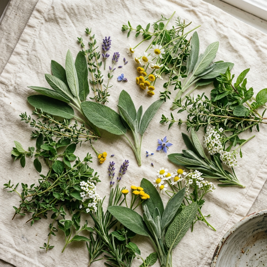 Wild botanical herbs laid flat